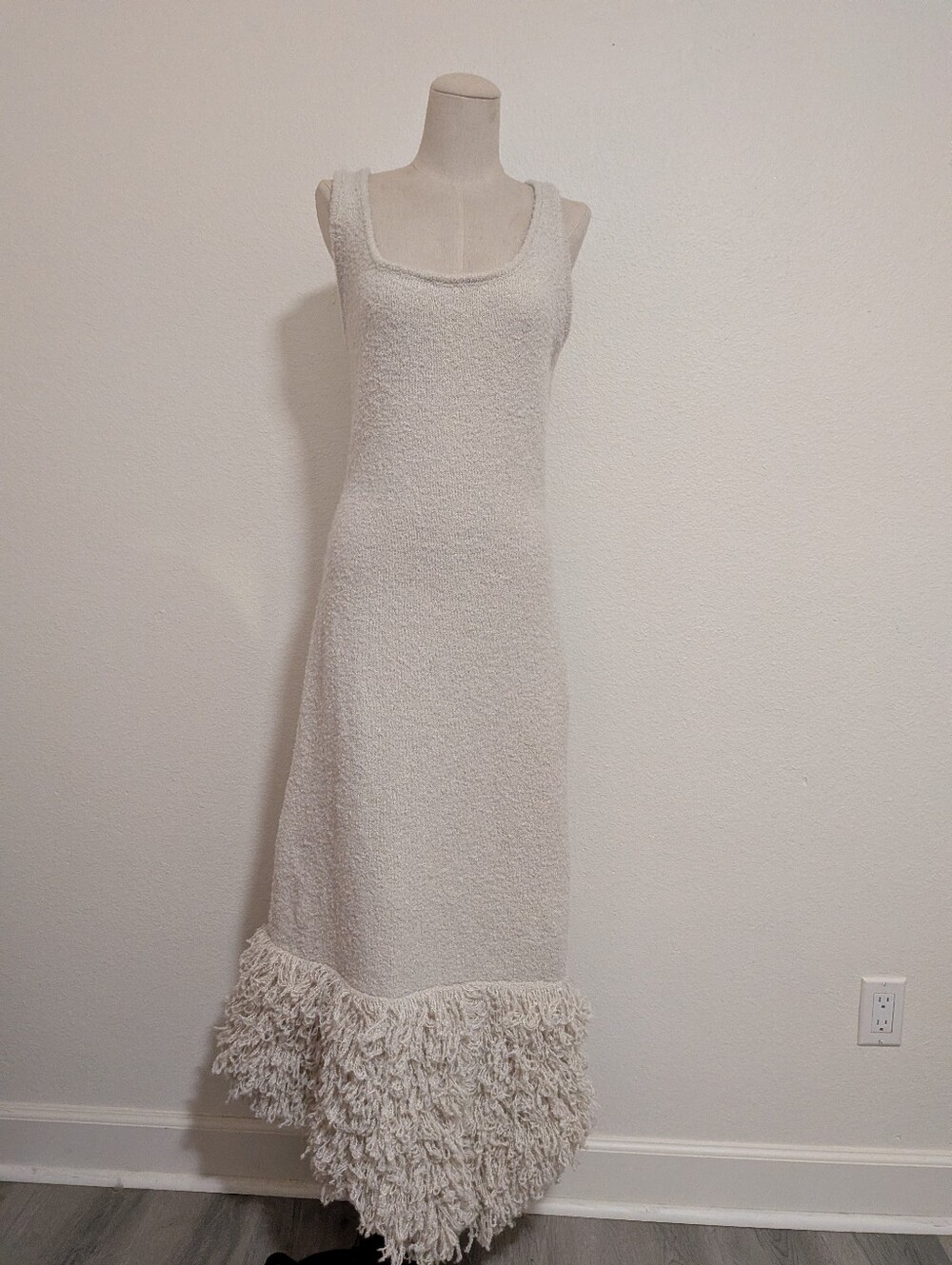 Sleeveless Cream Textured Maxi Dress with Fringe Hem knit sweater Vacation Dress